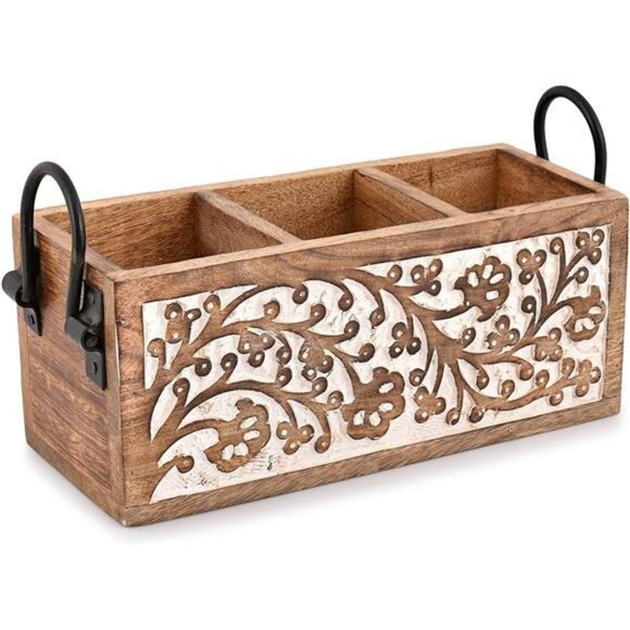 Mango wood utensil holder kitchen drawer organizer rustic cutlery storage caddy - Picture 1 of 6
